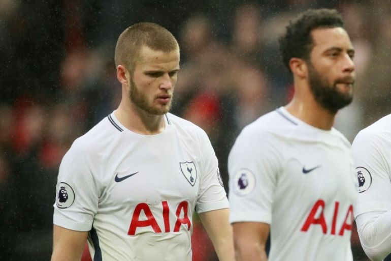Soccer Football - Premier League - Manchester United vs Tottenham Hotspur - Old Trafford, Manchester, Britain - October 28, 2017 (L - R) Tottenham's Eric Dier, Mousa Dembele and Dele Alli look dejected after the match Action Images via Reuters/Jason Cairnduff EDITORIAL USE ONLY. No use with unauthorized audio, video, data, fixture lists, club/league logos or