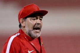 FUJAIRAH, UNITED ARAB EMIRATES - JULY 24: Diego Maradona, the new head coach of Fujairah FC reacts during a training session at Fujairah Stadium on July 24, 2017 in Fujairah, United Arab Emirates. (Photo by Francois Nel/Getty Images)