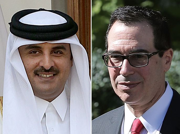 U.S. Treasury Secretary Stephen Mnuchin walks-ةSheikh Tamim Bin Hamad Al-Thani, Emir of the State of Qatar ,