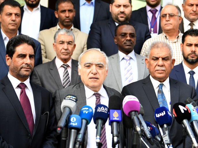 Ghassan Salame (C), special representative to the Secretary General of the United Nations for Libya, gives a press conference in the Tunisian capital Tunis on October 1, 2017, accompanied by Abdessalam Nasiya (L), chairman of the Libyan parliamentary dialogue committee, and Musa Faraj (R), chairman of the government dialogue committee. Tunisia offered to act as a mediator between rival Libyan factions. Libya, which plunged into chaos after the ouster and killing of dict