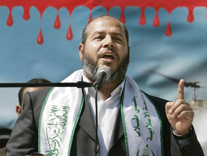 Senior Hamas leader Khalil al-Hayya, who lost his son last week in an Israeli airstrike, speaks during an anti-Israel rally organised by the Hamas movement in Gaza March 4, 2008. Egypt called on Tuesday for a ceasefire between Israel and the Islamist movement Hamas in Gaza but the United States said only negotiations between Israel and the Palestian Authority could lead to lasting peace. REUTERS/Mohammed Salem (GAZA)