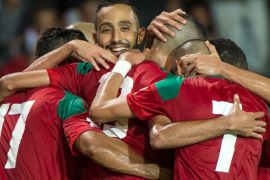 Morocco's team celebrates the victory during their FIFA world Cup 2018 Group C football match between Morocco and Gabon on October 7, 2017, at Mohammed V Stadium in Casablanca. / AFP PHOTO / FADEL SENNA (Photo credit should read FADEL SENNA/AFP/Getty Images)
