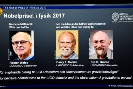 Laureates (L-R) Rainer Weiss, Barry C Barish and Kip S Thorne are pictured on a display during the announcement of the 2017 Nobel Prize winners in Physics on October 3, 2017, at the Royal Swedish Academy of Sciences in Stockholm. / AFP PHOTO / Jonathan NACKSTRAND (Photo credit should read JONATHAN NACKSTRAND/AFP/Getty Images)