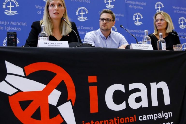 Beatrice Fihn, Executive Director of the International Campaign to Abolish Nuclear Weapons (ICAN), Grethe Ostern (R), member of the steering committee, Daniel Hogsta, coordinator, attend a news conference after ICAN won the Nobel Peace Prize 2017, in Geneva, Switzerland October 6, 2017. REUTERS/Denis Balibouse