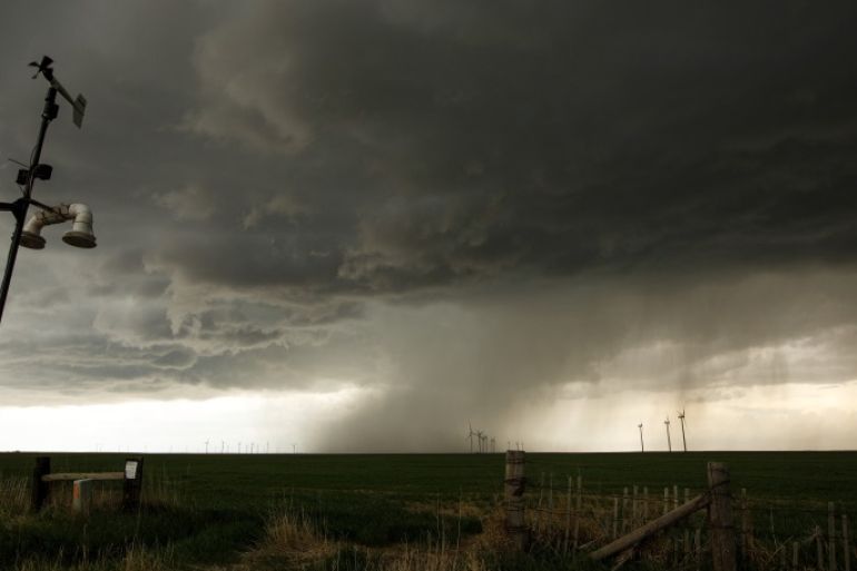 ELBERT COUNTY, CO - MAY 8: Weather instruments that measure wind speed, wind direction, barometric pressure and temperature are mounted atop a tornado scout vehicle as a supercell thunderstorm produces a downburst, May 8, 2017 in Elbert County near Limon, Colorado. With funding from the National Science Foundation and other government grants, scientists and meteorologists from the Center for Severe Weather Research try to get close to supercell storms and tornadoes tryi
