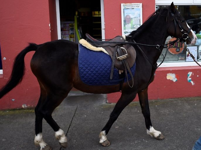 A man walks his pony past a shop during the annual horse fair in Ballinasloe, Ireland October 1, 2017. REUTERS/Clodagh Kilcoyne