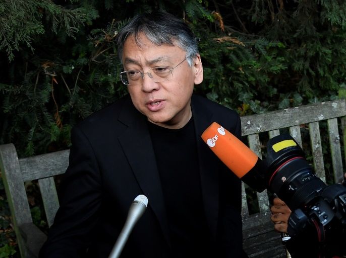 Author Kazuo Ishiguro speaks to the media outside his home, following the announcement that he has won the Nobel Prize for Literature, in London, Britain October 5, 2017. REUTERS/Toby Melville