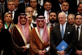 Saudi Foreign Minister Adel al-Jubeir (C) poses for a group photo during a Syrian opposition meeting in Riyadh, Saudi Arabia, November 22, 2017. REUTERS/Faisal Al Nasser