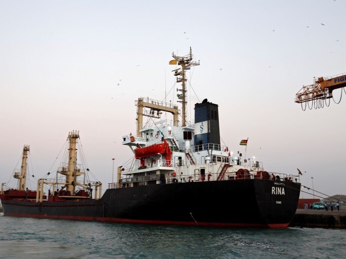 A ship carrying 5,500 tonnes of flour is docked at the Red Sea port of Hodeidah, Yemen November 26, 2017. Picture taken November 26, 2017. REUTERS/Abduljabbar Zeyad