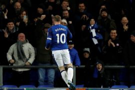 Soccer Football - Premier League - Everton vs West Ham United - Goodison Park, Liverpool, Britain - November 29, 2017 Everton's Wayne Rooney celebrates scoring their first goal REUTERS/Phil Noble EDITORIAL USE ONLY. No use with unauthorized audio, video, data, fixture lists, club/league logos or