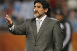 CAPE TOWN, SOUTH AFRICA - JULY 03: Diego Maradona head coach of Argentina gestures during the 2010 FIFA World Cup South Africa Quarter Final match between Argentina and Germany at Green Point Stadium on July 3, 2010 in Cape Town, South Africa. (Photo by Chris McGrath/Getty Images)