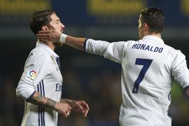 VILLARREAL, SPAIN - FEBRUARY 26: Cristiano Ronaldo (R) of Real Madrid celebrates with Sergio Ramos of Real Madrid after scoring the second goal during the La Liga match between Villarreal CF and Real Madrid at Estadio de la Ceramica on February 26, 2017 in Villarreal, Spain. (Photo by Fotopress/Getty Images)