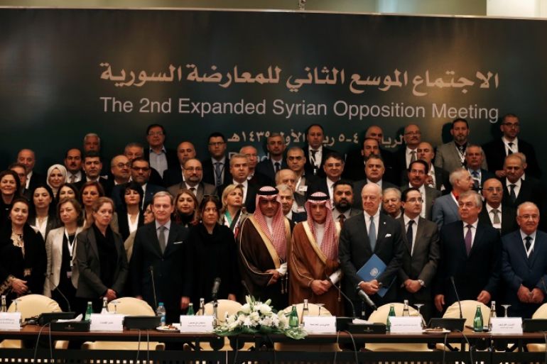 Saudi Foreign Minister Adel al-Jubeir poses for a group photo during a Syrian opposition meeting in Riyadh, Saudi Arabia, November 22, 2017. REUTERS/Faisal Al Nasser