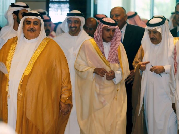 Bahraini Foreign Minister Sheik Khalid bin Ahmed Al Khalifa (L) walks in to a press conference as Saudi Foreign Minister Adel bin Ahmed Al-Jubeir, Egypt's Foreign Minister Sameh Shoukri and United Arab Emirates Foreign Minister, Sheikh Abdulla bin Zayed bin Sultan Al Nahyan follow him for a joint press conference after the foreign ministers of Saudi Arabia, Bahrain, the United Arab Emirates and Egypt meeting to discuss their dispute with Qatar, in Manama, Bahrain July 30, 2017. REUTERS/Hamad I Mohammed TPX IMAGES OF THE DAY