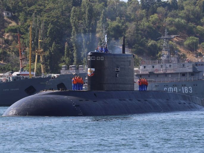 A Russian diesel-electric submarine Krasnodar sails upon its arrival afer taking part in the fight against Islamic State in Syria, in the Black Sea port of Sevastopol, Crimea, August 9, 2017. REUTERS/Pavel Rebrov
