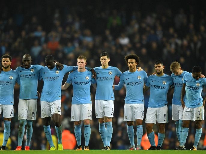MANCHESTER, ENGLAND - OCTOBER 24: The Manchester City team line up prior to the penalty shoot out during the Carabao Cup Fourth Round match between Manchester City and Wolverhampton Wanderers at Etihad Stadium on October 24, 2017 in Manchester, England. (Photo by Gareth Copley/Getty Images)