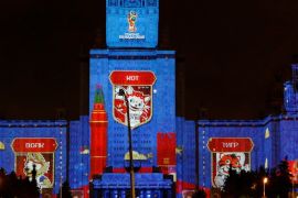 A lighting installation showing a cat, a tiger and a wolf - candidates for the official mascot of the 2018 FIFA World Cup is seen during a presentation on the facade of Moscow State University, part of the Circle of Light International Festival in Moscow, Russia September 23, 2016. REUTERS/Sergei Karpukhin