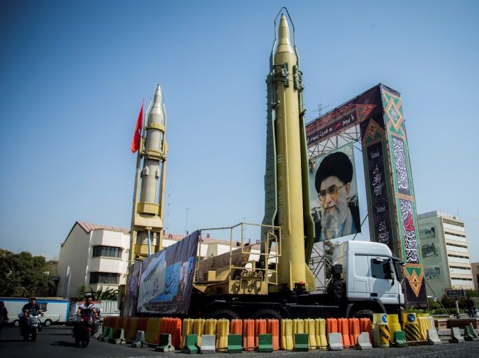 A display featuring missiles and a portrait of Iran's Supreme Leader Ayatollah Ali Khamenei is seen at Baharestan Square in Tehran, Iran September 27, 2017. Picture taken September 27, 2017. Nazanin Tabatabaee Yazdi/TIMA via REUTERS ATTENTION EDITORS - THIS IMAGE WAS PROVIDED BY A THIRD PARTY.