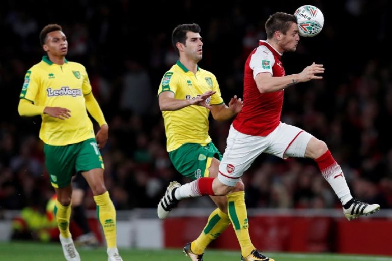 Soccer Football - Carabao Cup Fourth Round - Arsenal vs Norwich City - Emirates Stadium, London, Britain - October 24, 2017 - Arsenal's Mathieu Debuchy in action. Action Images via REUTERS/Peter Cziborra ATTENTION EDITORS - EDITORIAL USE ONLY. No use with unauthorized audio, video, data, fixture lists, club/league logos or