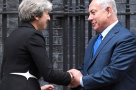 Britain's Prime Minister Theresa May welcomes Israel's Prime Minister Benjamin Netanyahu outside 10 Downing Street in London, Britain, November 2, 2017. REUTERS/Toby Melville
