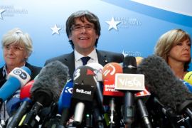Sacked Catalan leader Carles Puigdemont and former members of the Government of Catalonia Clara Ponsati and Meritxell Borras attend a news conference at the Press Club Brussels Europe in Brussels, Belgium, October 31, 2017. REUTERS/Yves Herman