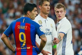 MADRID, SPAIN - APRIL 23: (L-R) Luis Suarez of Barcelona, Cristiano Ronaldo and Toni Kroos of Real Madrid look on during the La Liga match between Real Madrid CF and FC Barcelona at Estadio Bernabeu on April 23, 2017 in Madrid, Spain. (Photo by Gonzalo Arroyo Moreno/Getty Images)