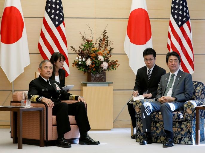 Harry Harris (L), 24th Commander of the United States Pacific Command (USPACOM), talks with Japanese Prime Minister Shinzo Abe (R) as Harris makes a courtesy visit to Abe at the prime minister's official residence in Tokyo, Japan, 16 November 2017. REUTERS/Kimimasa Mayama/Pool