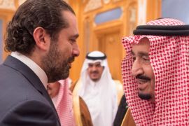 Lebanese Prime Minister Saad al-Hariri shakes hands with Saudi Arabia's King Salman in Riyadh, Saudi Arabia, November 11, 2017. Courtesy of Saudi Royal Court/Handout via REUTERS ATTENTION EDITORS - THIS PICTURE WAS PROVIDED BY A THIRD PARTY