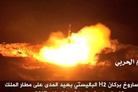 A still image taken from a video distributed by Yemen's pro-Houthi Al Masirah television station on November 5, 2017, shows what it says was the launch by Houthi forces of a ballistic missile aimed at Riyadh's King Khaled Airport on Saturday, Houthi Military Media Unit via REUTERS TV