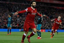 Soccer Football - Premier League - Liverpool vs Southampton - Anfield, Liverpool, Britain - November 18, 2017 Liverpool's Mohamed Salah celebrates scoring their second goal REUTERS/Phil Noble EDITORIAL USE ONLY. No use with unauthorized audio, video, data, fixture lists, club/league logos or