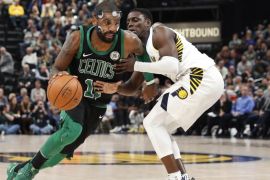 Nov 25, 2017; Indianapolis, IN, USA; Boston Celtics guard Kyrie Irving (11) drives to the basket against Indiana Pacers guard Darren Collison (2) in the fourth quarter at Bankers Life Fieldhouse. Mandatory Credit: Brian Spurlock-USA TODAY Sports