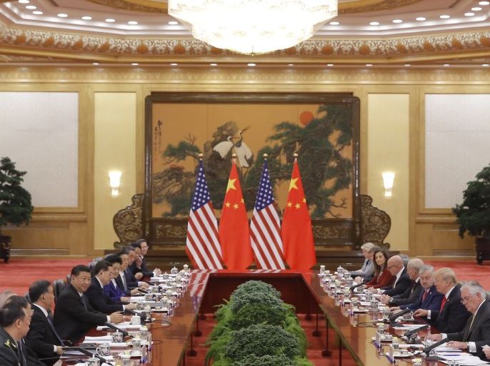 BEIJING, CHINA - NOVEMBER 9: U.S. President Donald Trump and China's President Xi Jinping hold bilateral meetings at the Great Hall of the People on November 9, 2017 in Beijing, China. Trump is on a 10-day trip to Asia. (Photo by Thomas Peter-Pool/Getty Images)