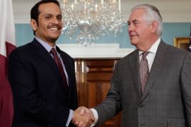 U.S. Secretary of State Rex Tillerson (R) shakes hands with Qatari Foreign Minister Sheikh Mohammed bin Abdulrahman Al Thani before their meeting at the State Department in Washington, U.S., November 20, 2017. REUTERS/Yuri Gripas
