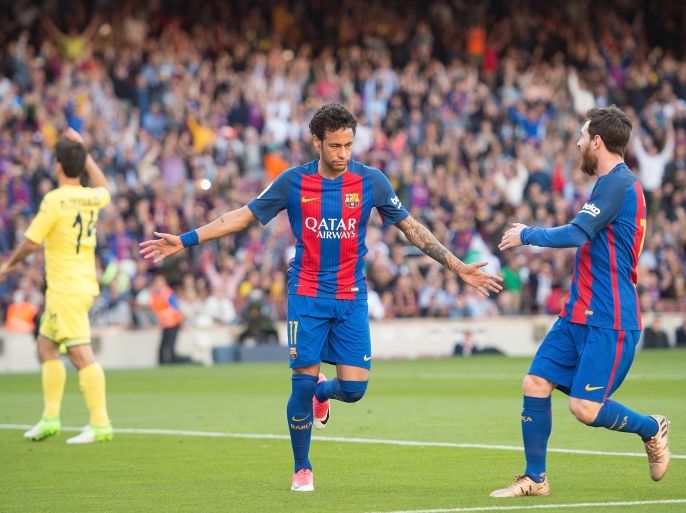 BARCELONA, SPAIN - MAY 06: Neymar of FC Barcelona celebrates with Lionel Messi after scoring his team's opening goal during of the La Liga match between FC Barcelona and Villarreal CF at Camp Nou stadium on May 6, 2017 in Barcelona, Spain. (Photo by Denis Doyle/Getty Images)