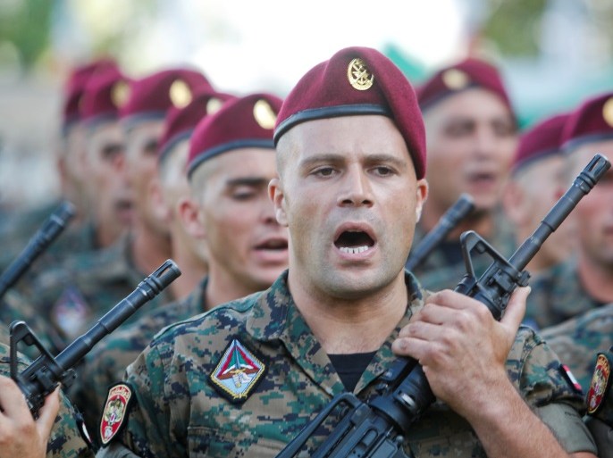 Lebanese army soldiers take part in a parade at a military academy marking the 72nd Army Day in Fayadyeh, near Beirut, August 1, 2017. REUTERS/ Aziz Taher
