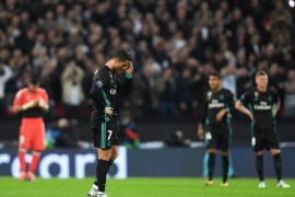 LONDON, ENGLAND - NOVEMBER 01: Cristiano Ronaldo of Real Madrid looks dejected following Tottenham Hotspur's third goal during the UEFA Champions League group H match between Tottenham Hotspur and Real Madrid at Wembley Stadium on November 1, 2017 in London, United Kingdom. (Photo by Laurence Griffiths/Getty Images)