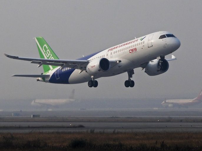 SHANGHAI, CHINA - NOVEMBER 08: The Commercial Aircraft Corporation of China (COMAC) tests its C919 aircraft from the Shanghai Pudong International Airport on November 8, 2017 in Shanghai, China. This is the fifth and the final test flight before the C919 aircraft transferred to Xi'an. (Photo by Yin Liqin/CHINA NEWS SERVICE/VCG via Getty Images)