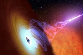 This artist’s concept released October 30, 2017 shows a black hole with an accretion disk - a flat structure of material orbiting the black hole – and a jet of hot gas, called plasma. Black holes are famous for being ravenous eaters, but they do not eat everything that falls toward them. A small portion of material gets shot back out in powerful jets of hot gas, called plasma, that can wreak havoc on their surroundings. Along the way, this plasma somehow gets energized