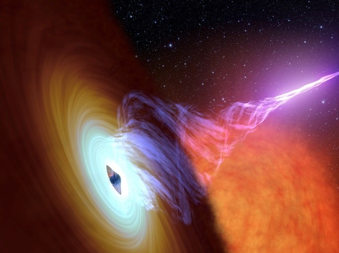This artist’s concept released October 30, 2017 shows a black hole with an accretion disk - a flat structure of material orbiting the black hole – and a jet of hot gas, called plasma. Black holes are famous for being ravenous eaters, but they do not eat everything that falls toward them. A small portion of material gets shot back out in powerful jets of hot gas, called plasma, that can wreak havoc on their surroundings. Along the way, this plasma somehow gets energized