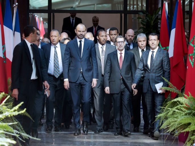 French Prime Minister Edouard Philippe walks with his Moroccan counterpart Saad-Eddine al-Othmani as they arrives at the Foreign Ministry in Rabat, Morocco November 16, 2017. REUTERS/Youssef Boudlal TPX IMAGES OF THE DAY