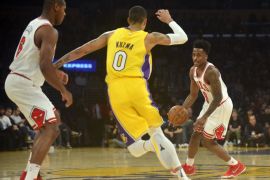 November 21, 2017; Los Angeles, CA, USA; Chicago Bulls guard Antonio Blakeney (9) moves the ball against Los Angeles Lakers forward Kyle Kuzma (0) during the first half at Staples Center. Mandatory Credit: Gary A. Vasquez-USA TODAY Sports