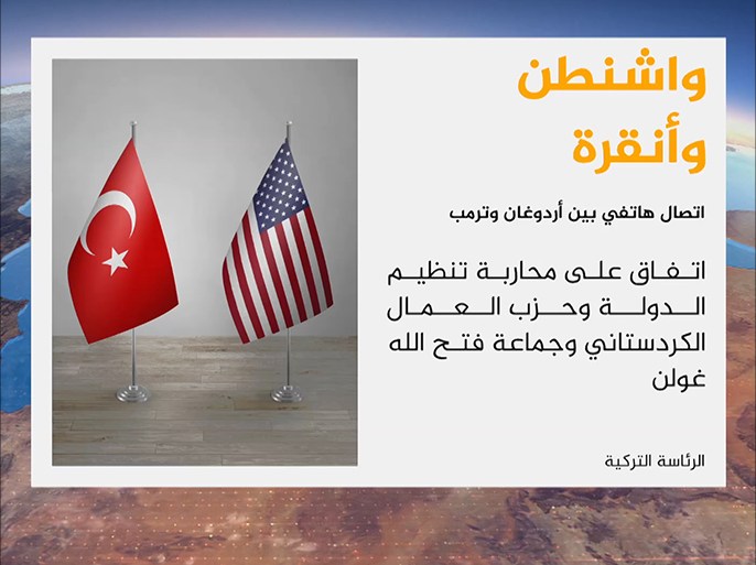 قالت الرئاسة التركية إن تركيا والولايات المتحدة اتفقتا في اتصال هاتفي بين رئيسيهما على محاربة كل "المنظمات الإرهابية" معاً بما فيها تنظيم الدولة وحزب العمال الكردستاني وجماعة "فتح الله غولن" المقيم في الولايات المتحدة.