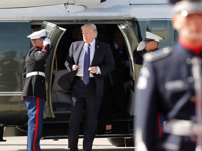 U.S. President Donald Trump arrives on Marine One at Osan Air Base, South Korea, as he prepares to depart for Beijing, November 8, 2017. REUTERS/Jonathan Ernst