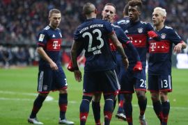 FRANKFURT AM MAIN, GERMANY - DECEMBER 09: Arturo Vidal of Bayern Muenchen (23) celebrates his goal to make it 1:0 with Franck Ribery of Bayern Muenchen and his team mates during the Bundesliga match between Eintracht Frankfurt and FC Bayern Muenchen at Commerzbank-Arena on December 9, 2017 in Frankfurt am Main, Germany. (Photo by Alex Grimm/Bongarts/Getty Images)