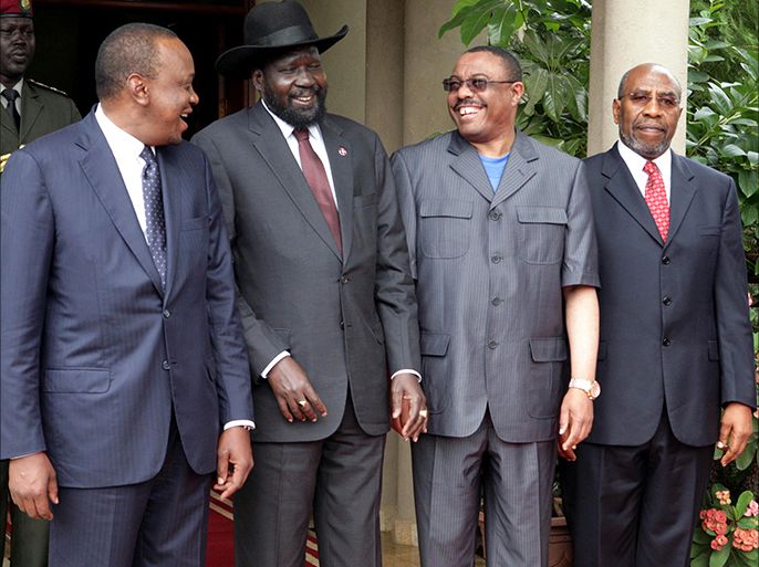 epa04458132 Kenyan President, Uhuru Kenyatta (R), President of South Sudan, Salva Kiir (2 - L), Prime Minister of Ethiopia, Hailemariam Dessalegn (2 - R), and Ugandan Prime Minister, Ruhakana Rugunda (R), attend a regional summit seeking to end the ten month civil war, Juba, South Sudan, 22 October 2014. According to reports the leaders, members of the Intergovernmental Authority (IGAD), which has brokered several failed ceasefire agreements, met to review the progress made in a seperate set of negotiations directly between Kiir and Riek Machar, formerly Kiir's deputy and head of the Sudan People's Liberation Front (SPLM) in opposition, in the Tanzanian city of Arush 21 October 2014. EPA/STR