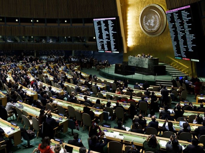 epa06401839 Screens showing results are seen during an United Nations General Assembly emergency special session to vote on a non-binding resolution condemning recent decisions about the status of Jerusalem at United Nations headquarters in New York, New York, USA, 21 December 2017.