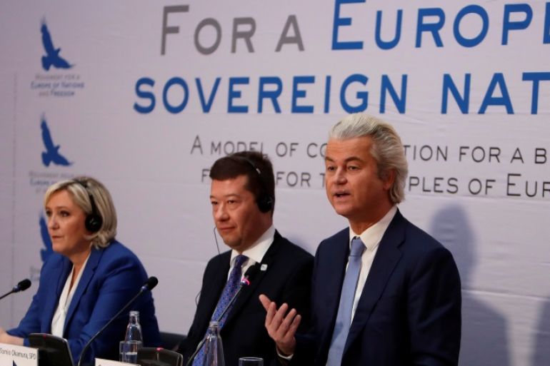Marine Le Pen, head of France's far-right National Front (FN) party, Tomio Okamura, leader of Czech far-right Freedom and Direct Democracy (SPD) party, and Dutch far-right politician Geert Wilders of the PVV party attend a news conference during a European far-right leaders meeting in Prague, Czech Republic December 16, 2017. REUTERS/David W Cerny