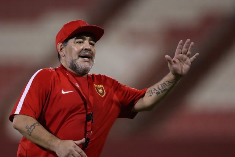 FUJAIRAH, UNITED ARAB EMIRATES - JULY 24: Diego Maradona, the new head coach of Fujairah FC gestures to players during a training session at Fujairah Stadium on July 24, 2017 in Fujairah, United Arab Emirates. (Photo by Francois Nel/Getty Images)