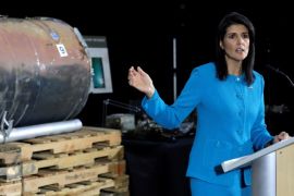 U.S. Ambassador to the United Nations Nikki Haley briefs the media in front of remains of Iranian