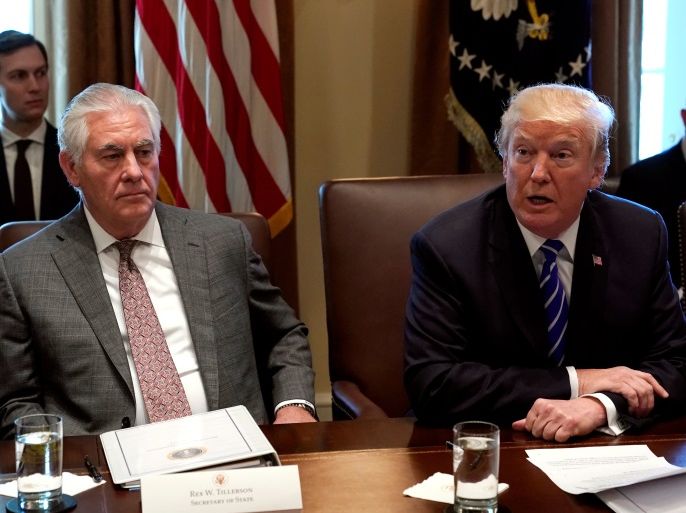 U.S. Secretary of State Rex Tillerson (L) listens to U.S. President Donald Trump speak during a meeting with his Cabinet at the White House in Washington, U.S., November 20, 2017. REUTERS/Kevin Lamarque